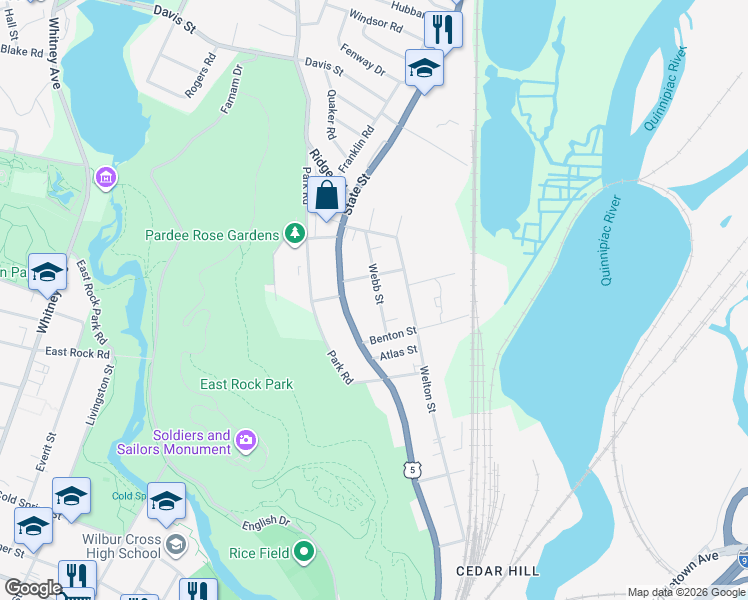 map of restaurants, bars, coffee shops, grocery stores, and more near 44 Webb Street in Hamden