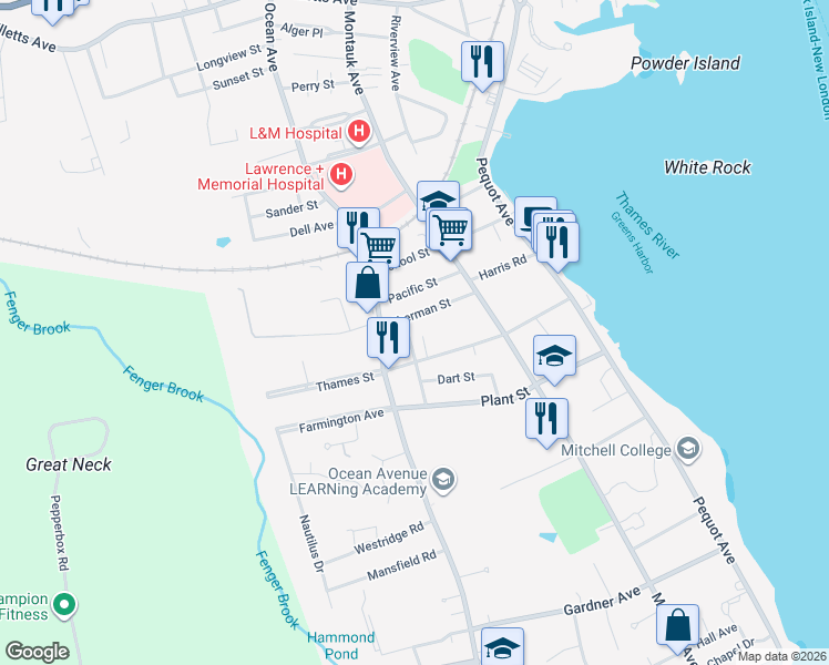 map of restaurants, bars, coffee shops, grocery stores, and more near 58 Sherman Street in New London