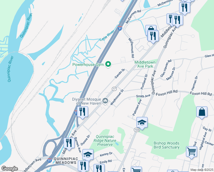 map of restaurants, bars, coffee shops, grocery stores, and more near 118 Gando Drive in New Haven