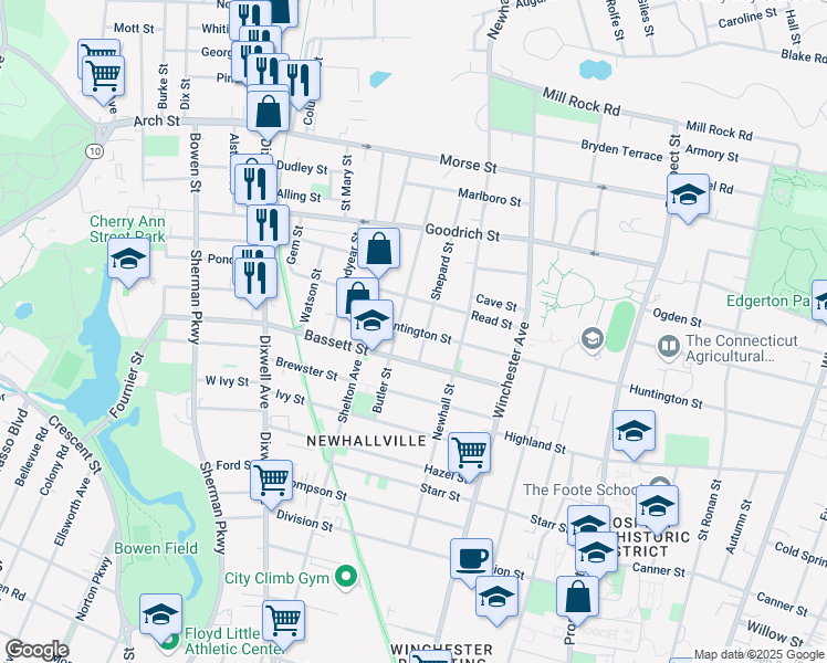map of restaurants, bars, coffee shops, grocery stores, and more near 468 Huntington Street in New Haven