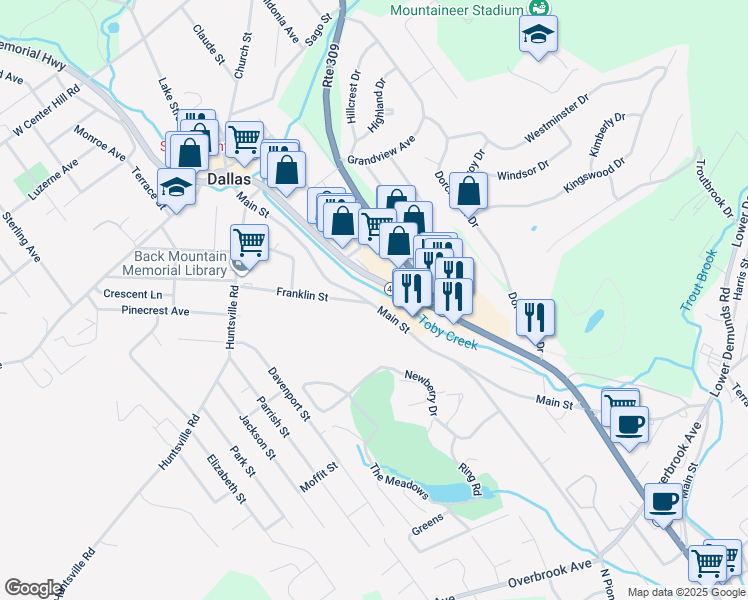 map of restaurants, bars, coffee shops, grocery stores, and more near 230 Main Street in Dallas
