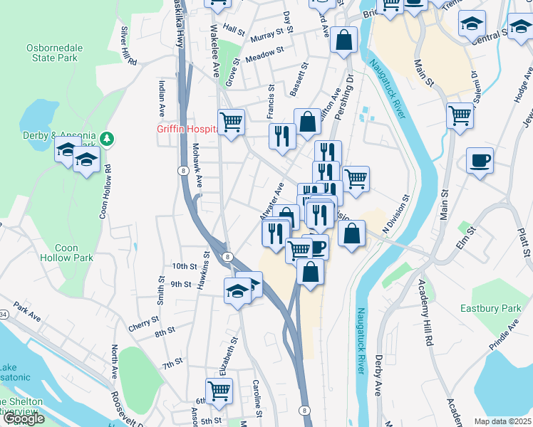 map of restaurants, bars, coffee shops, grocery stores, and more near 82 Atwater Avenue in Derby