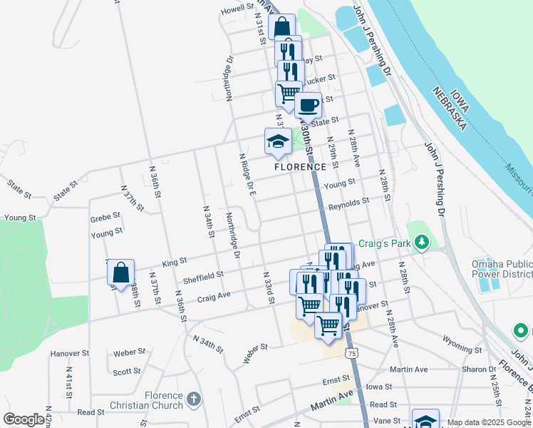 map of restaurants, bars, coffee shops, grocery stores, and more near 3130 Reynolds Street in Omaha