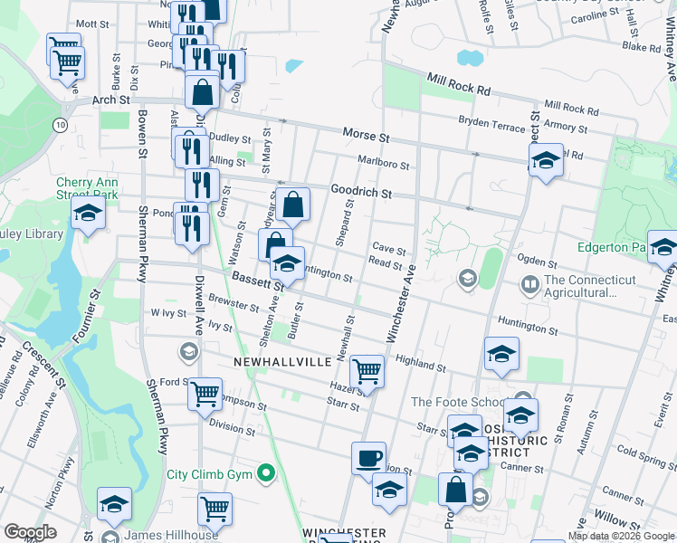 map of restaurants, bars, coffee shops, grocery stores, and more near 445 Huntington Street in New Haven