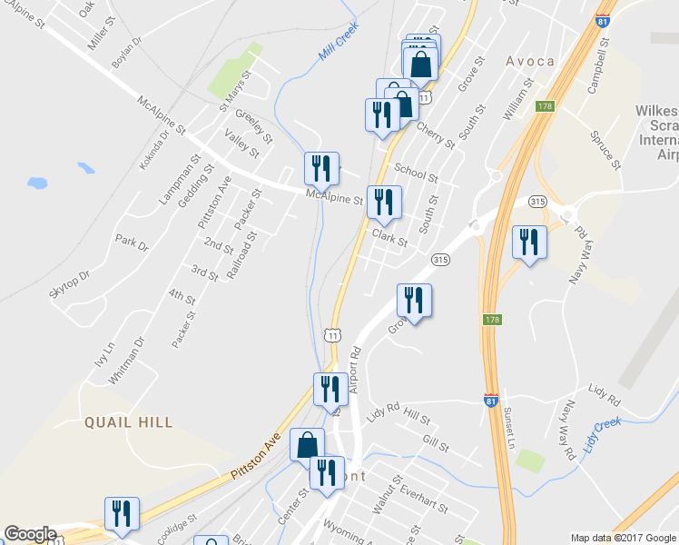 map of restaurants, bars, coffee shops, grocery stores, and more near 215 Main Street in Avoca