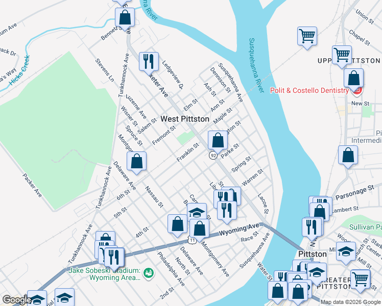 map of restaurants, bars, coffee shops, grocery stores, and more near 213 Franklin St in West Pittston