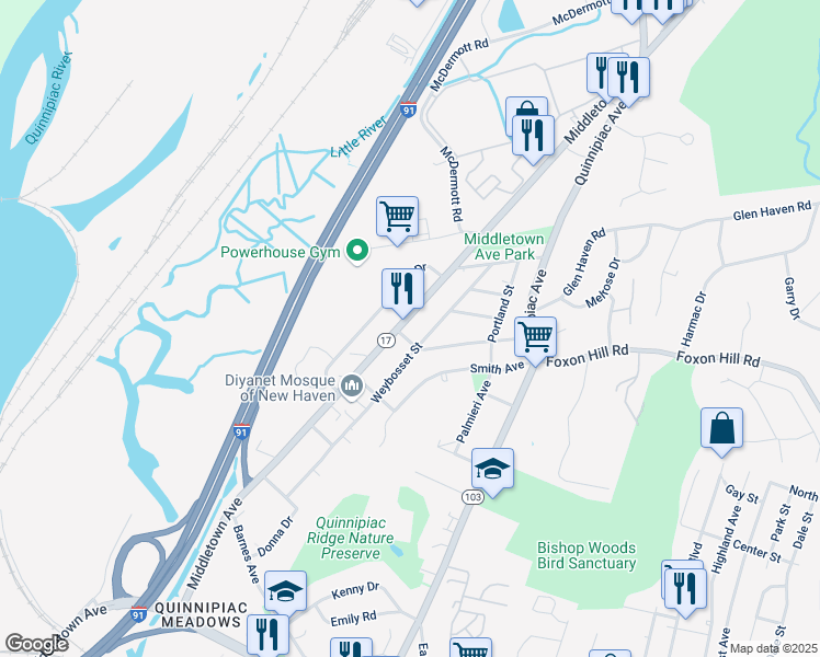 map of restaurants, bars, coffee shops, grocery stores, and more near 624 Middletown Avenue in New Haven