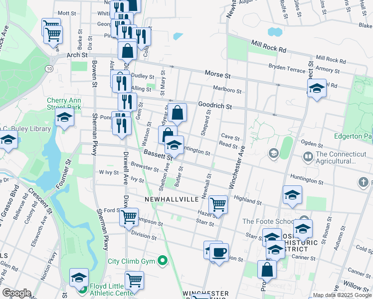 map of restaurants, bars, coffee shops, grocery stores, and more near 104 Butler Street in New Haven
