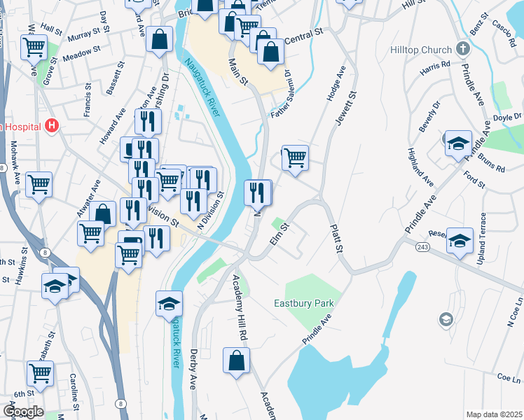map of restaurants, bars, coffee shops, grocery stores, and more near 670 Main Street in Ansonia