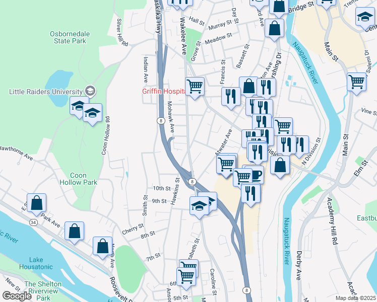 map of restaurants, bars, coffee shops, grocery stores, and more near 196 Seymour Avenue in Derby