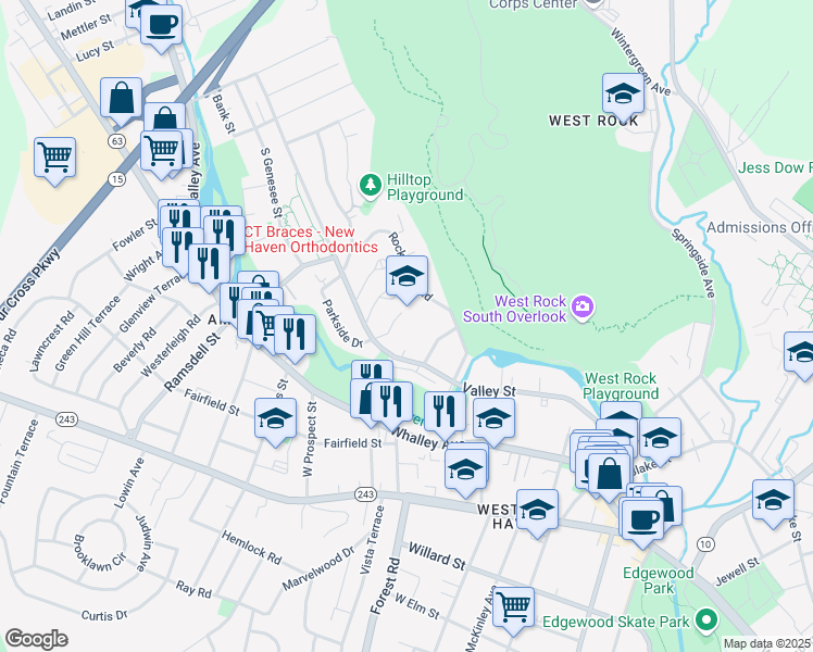 map of restaurants, bars, coffee shops, grocery stores, and more near 311 Valley Street in New Haven