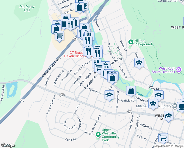 map of restaurants, bars, coffee shops, grocery stores, and more near 123 Westerleigh Road in New Haven
