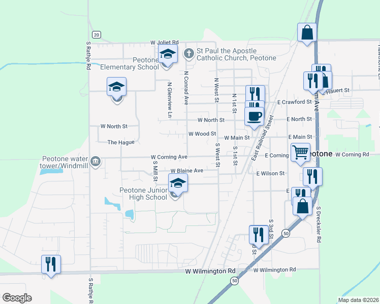 map of restaurants, bars, coffee shops, grocery stores, and more near 120 South Conrad Avenue in Peotone