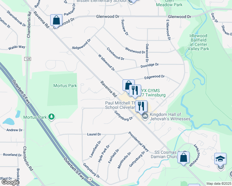map of restaurants, bars, coffee shops, grocery stores, and more near 10795 Ravenna Road in Twinsburg