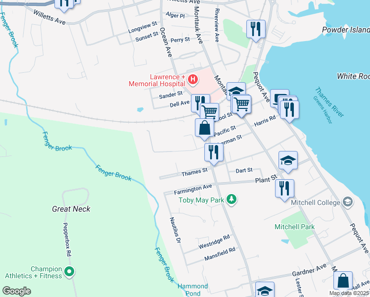 map of restaurants, bars, coffee shops, grocery stores, and more near 47 Evergreen Avenue in New London