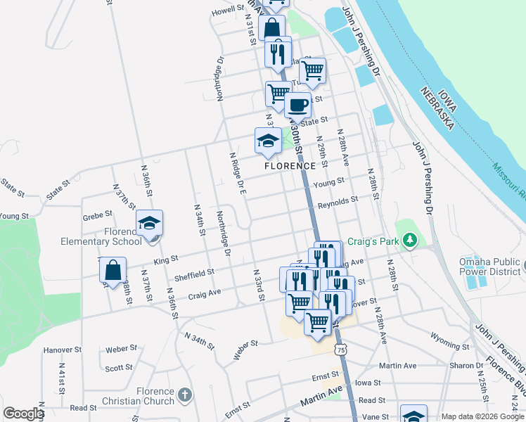 map of restaurants, bars, coffee shops, grocery stores, and more near 3128 Reynolds St in Omaha