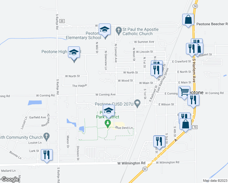map of restaurants, bars, coffee shops, grocery stores, and more near 120 South Conrad Avenue in Peotone