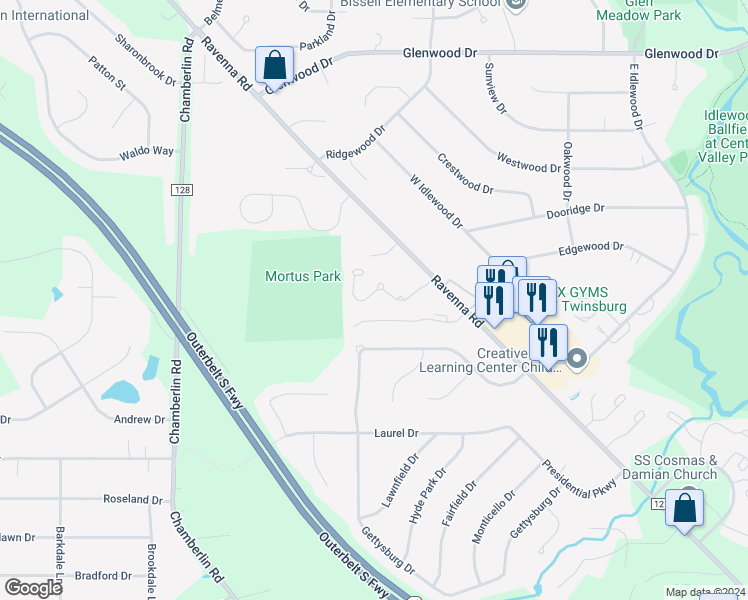 map of restaurants, bars, coffee shops, grocery stores, and more near 1724 Stone Creek Lane in Twinsburg