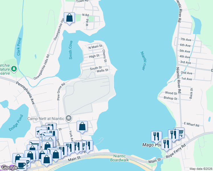 map of restaurants, bars, coffee shops, grocery stores, and more near 3rd Street in East Lyme
