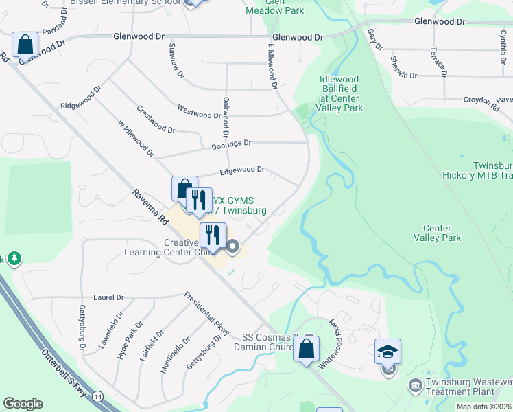 map of restaurants, bars, coffee shops, grocery stores, and more near 9616 East Idlewood Drive in Twinsburg