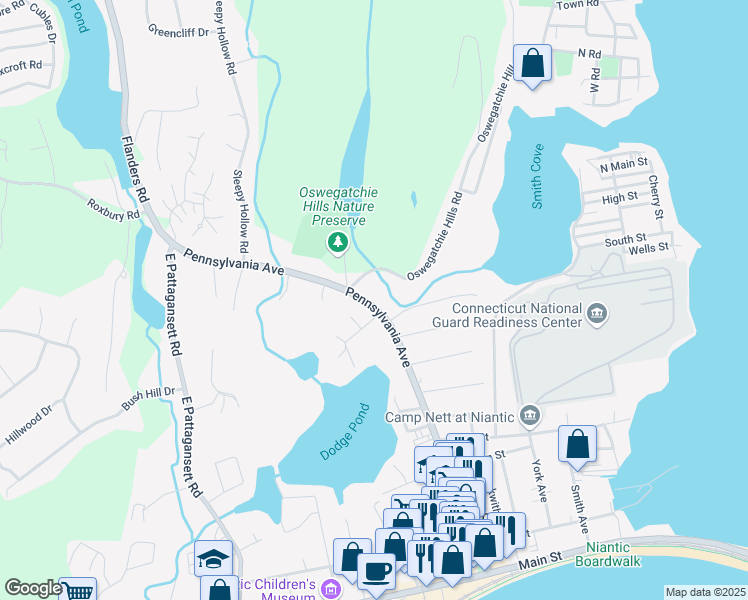 map of restaurants, bars, coffee shops, grocery stores, and more near 159 Pennsylvania Avenue in East Lyme