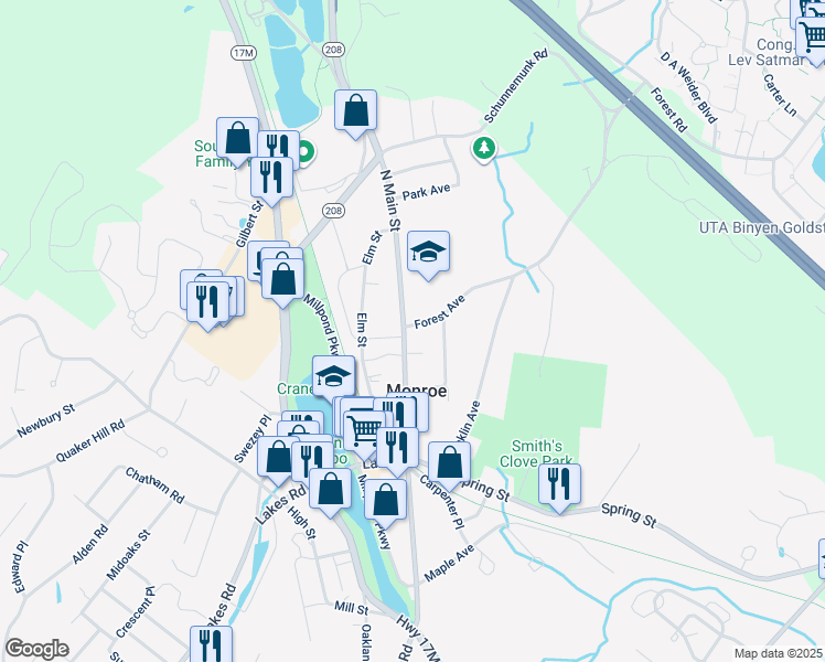 map of restaurants, bars, coffee shops, grocery stores, and more near 34 Forest Avenue in Monroe