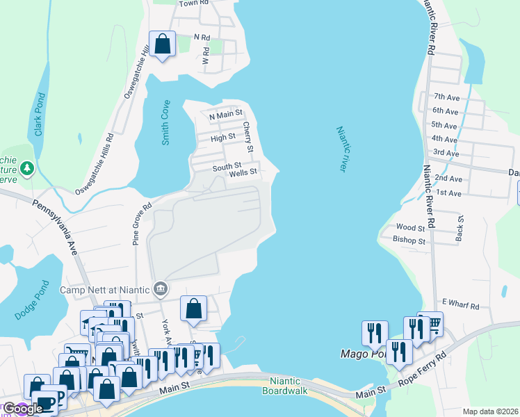 map of restaurants, bars, coffee shops, grocery stores, and more near 3rd Street in East Lyme