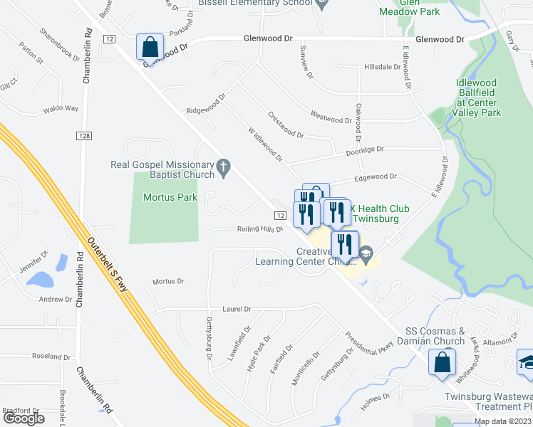 map of restaurants, bars, coffee shops, grocery stores, and more near 10812 Ravenna Road in Twinsburg
