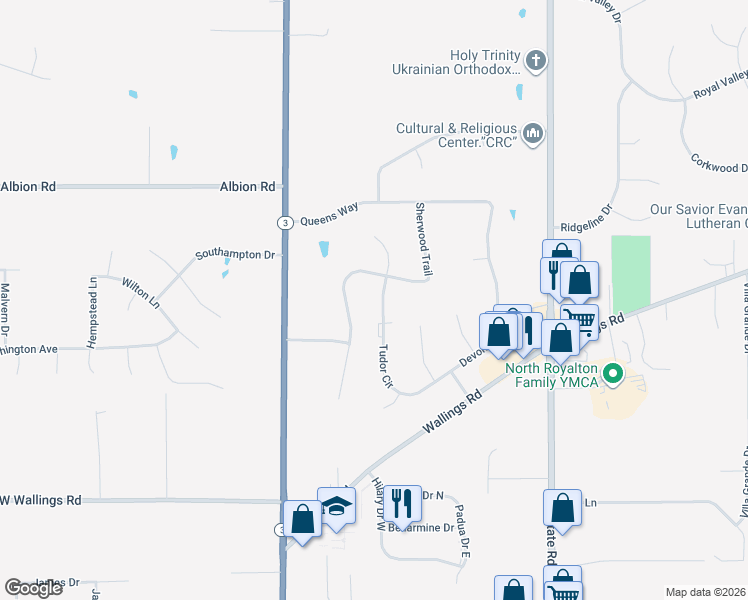 map of restaurants, bars, coffee shops, grocery stores, and more near 10602 Tudor Circle in North Royalton