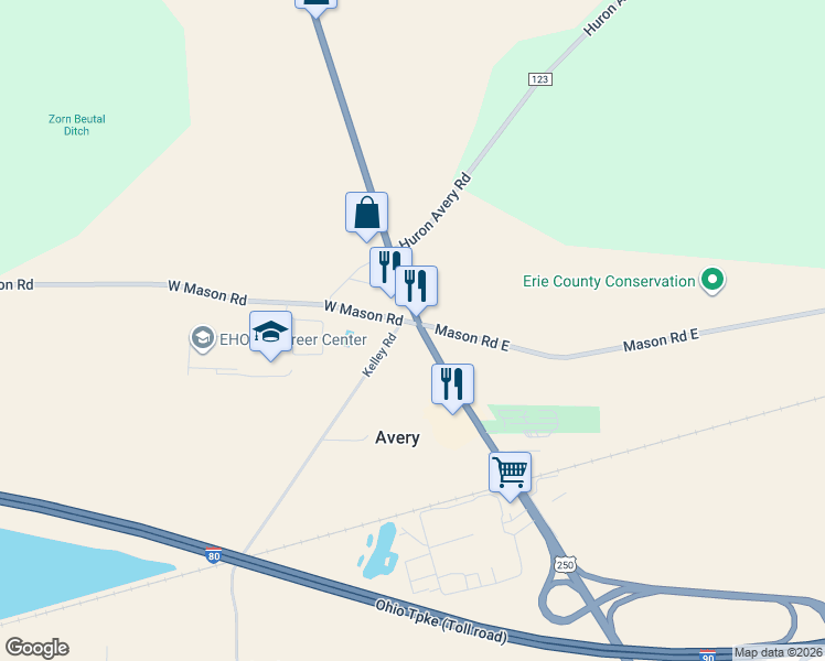 map of restaurants, bars, coffee shops, grocery stores, and more near 104 West Mason Road in Milan