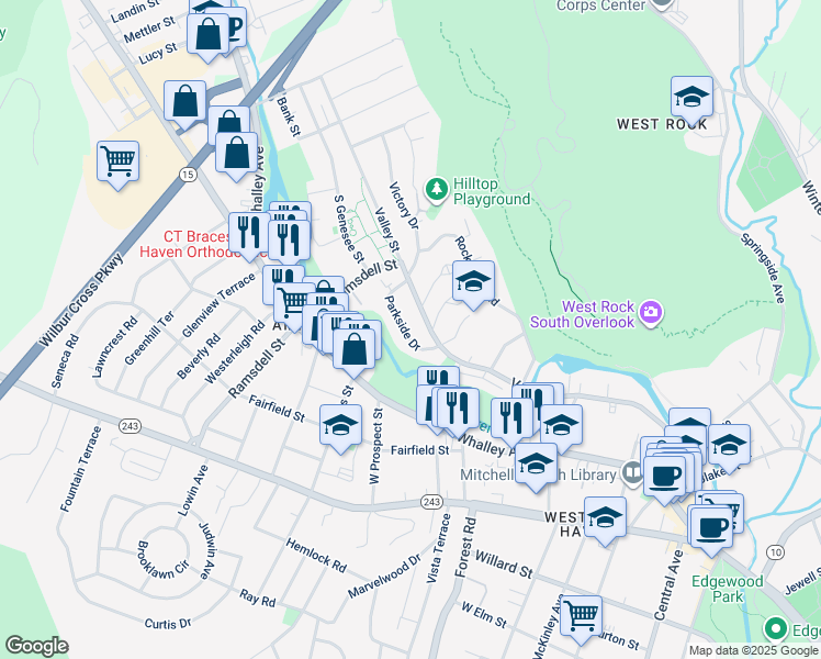 map of restaurants, bars, coffee shops, grocery stores, and more near 65 Parkside Drive in New Haven