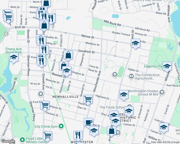 map of restaurants, bars, coffee shops, grocery stores, and more near 44 Read Street in New Haven