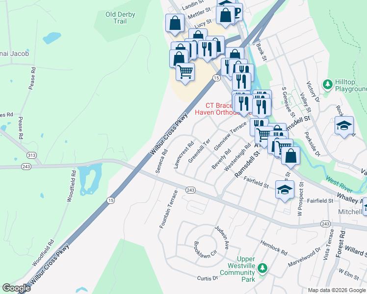 map of restaurants, bars, coffee shops, grocery stores, and more near 194 Lawncrest Road in New Haven