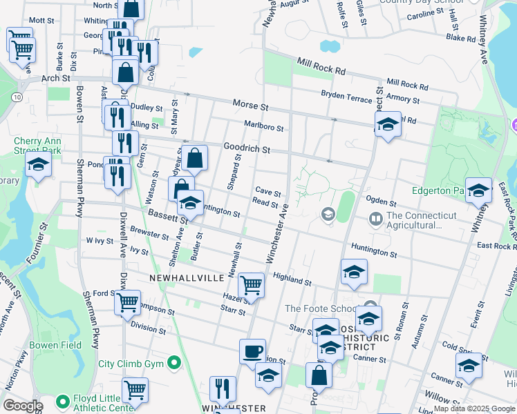map of restaurants, bars, coffee shops, grocery stores, and more near 323 Newhall Street in New Haven