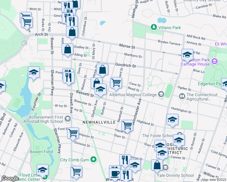 map of restaurants, bars, coffee shops, grocery stores, and more near 41 Shepard Street in New Haven