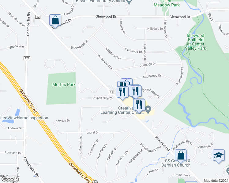 map of restaurants, bars, coffee shops, grocery stores, and more near 10795 Ravenna Road in Twinsburg