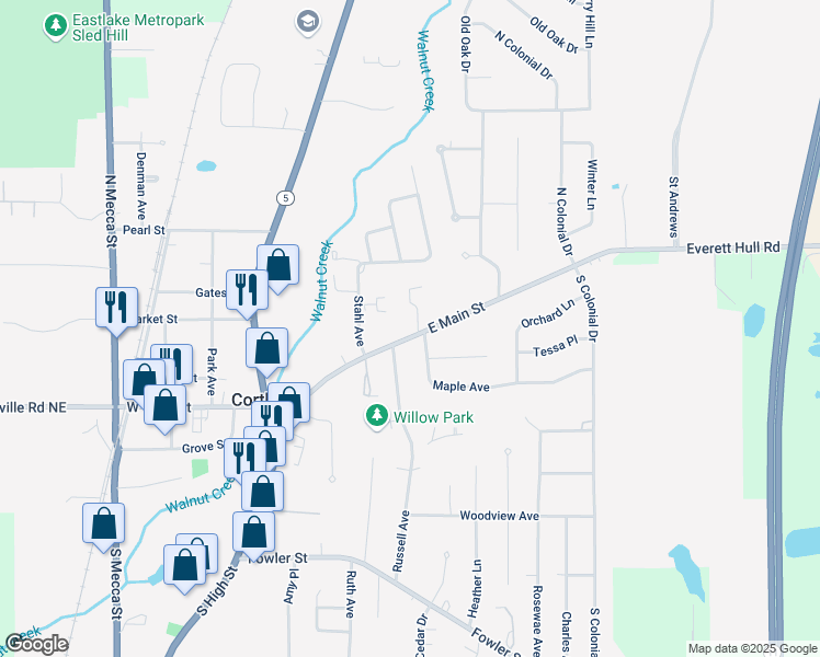map of restaurants, bars, coffee shops, grocery stores, and more near 277 East Main Street in Cortland