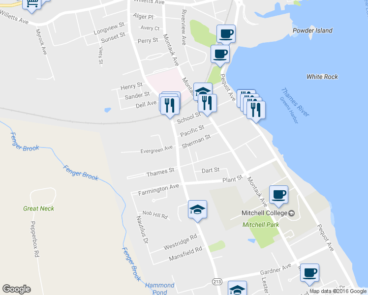 map of restaurants, bars, coffee shops, grocery stores, and more near 58 Sherman Street in New London