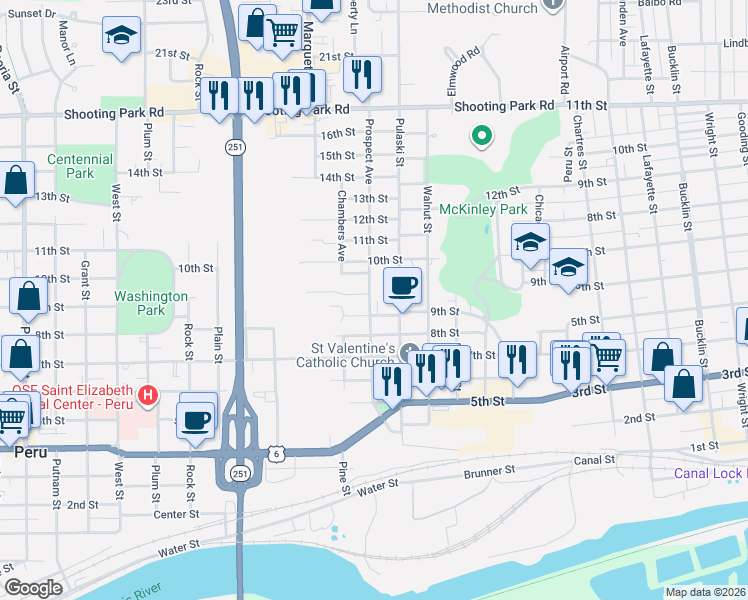 map of restaurants, bars, coffee shops, grocery stores, and more near 1420 Pulaski Street in Peru