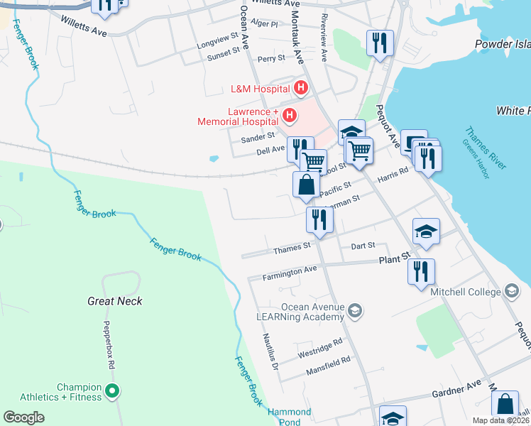 map of restaurants, bars, coffee shops, grocery stores, and more near 65 Evergreen Avenue in New London