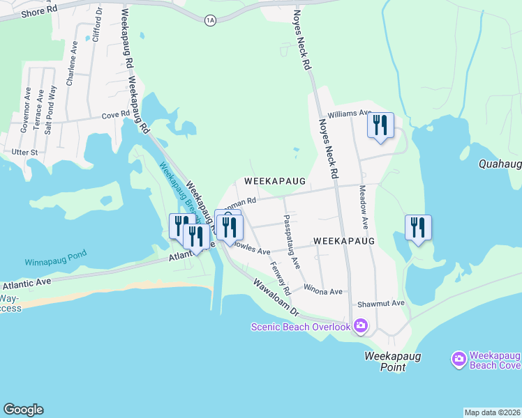 map of restaurants, bars, coffee shops, grocery stores, and more near 23 Chapman Rd in Westerly