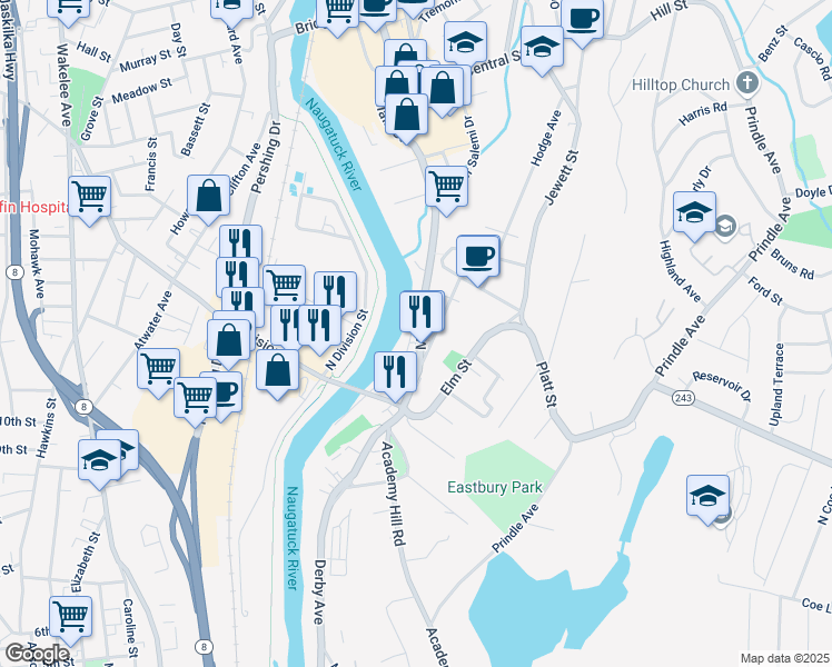 map of restaurants, bars, coffee shops, grocery stores, and more near 670 Main Street in Ansonia