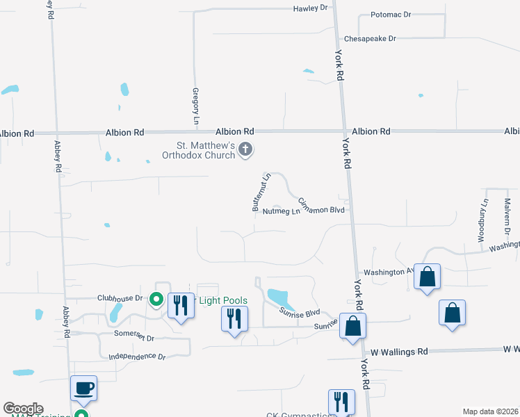 map of restaurants, bars, coffee shops, grocery stores, and more near 11201 Butternut Lane in North Royalton