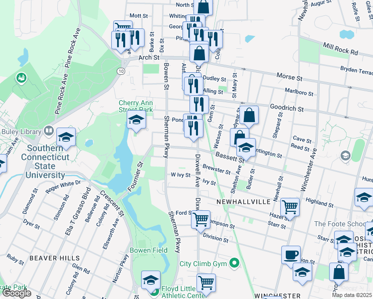 map of restaurants, bars, coffee shops, grocery stores, and more near 260 Bassett Street in New Haven