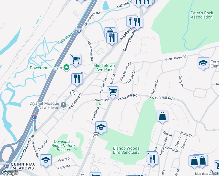 map of restaurants, bars, coffee shops, grocery stores, and more near 1706 Quinnipiac Avenue in New Haven