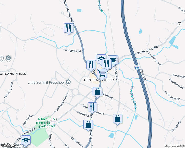 map of restaurants, bars, coffee shops, grocery stores, and more near 283 New York 32 in Woodbury