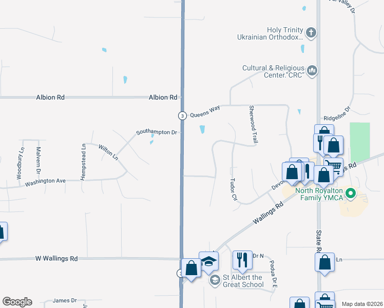 map of restaurants, bars, coffee shops, grocery stores, and more near 10813 Ridge Rd in North Royalton