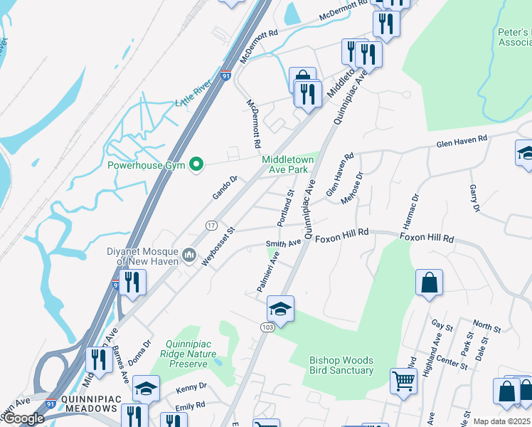 map of restaurants, bars, coffee shops, grocery stores, and more near 29 Pawtucket Street in New Haven