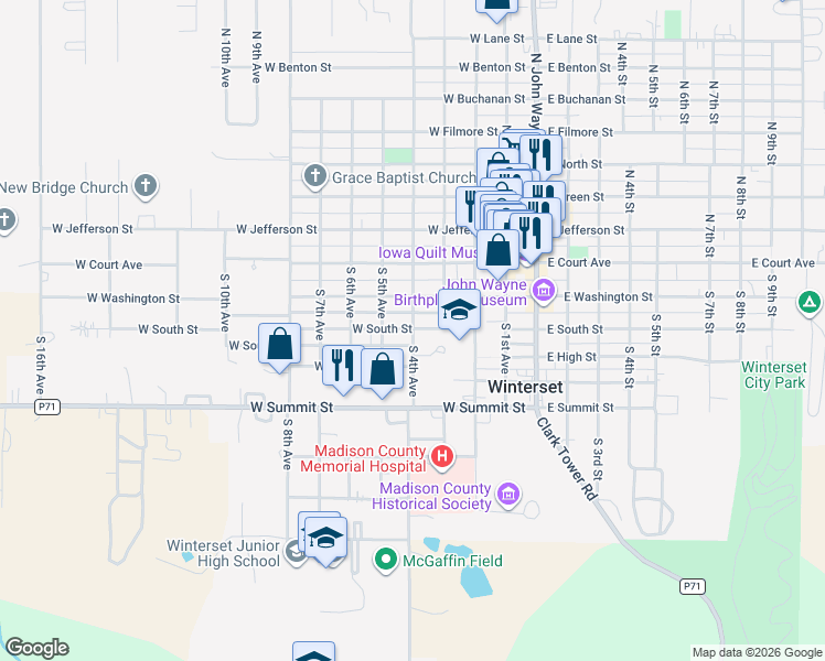 map of restaurants, bars, coffee shops, grocery stores, and more near 302 South 4th Avenue in Winterset