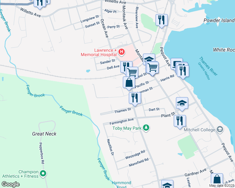 map of restaurants, bars, coffee shops, grocery stores, and more near 47 Evergreen Avenue in New London